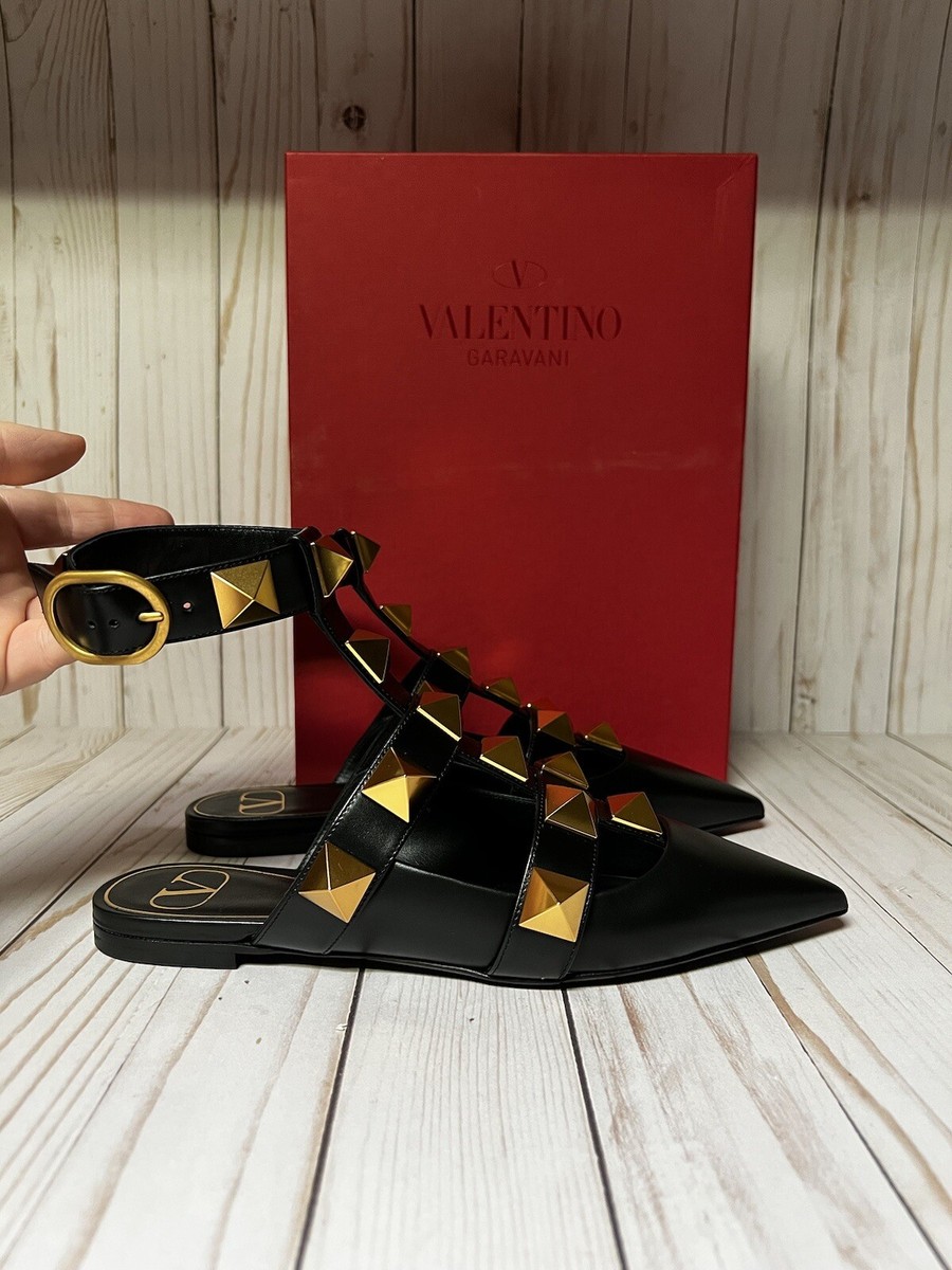 Valentino Garavani Roman Stud Ankle Strap Mule Flat Black Sz