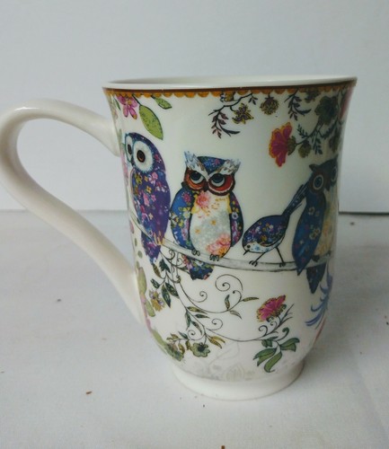 Summer River Porcelain Tea Coffee Mug Floral Owl Bird Set of 2 - Picture 3 of 5