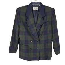 Vtg Plaid Double Breasted Blazer Green Blue Tartan Preppy Dark Academia 12P 80s