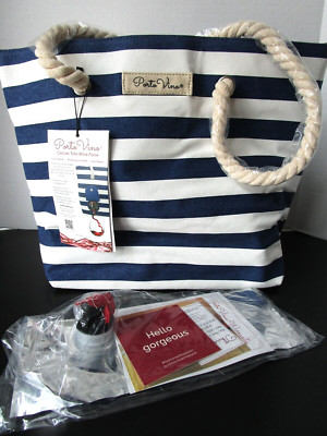 PortoVino Wine Tote Bag Purse Blue & White Canvas * Hidden Spout & Wine Bladder