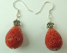 Teardrop Red Sponge Coral Earrings  Silver Tone Flowers Handmade Statement