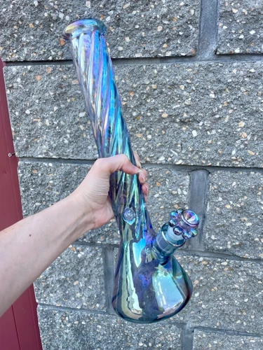 Hookah Water Pipe Glass 16” Iridescent Twisted Beaker Tobacco Bong W/Flower Bowl - Picture 2 of 2