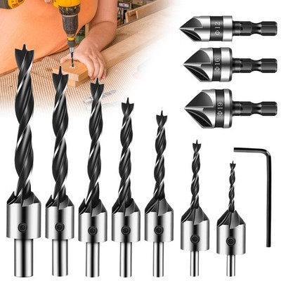 10x Countersink Drill Bit Set 5 Flute HSS Chamfer Boring Tool Wood Plastic Metal