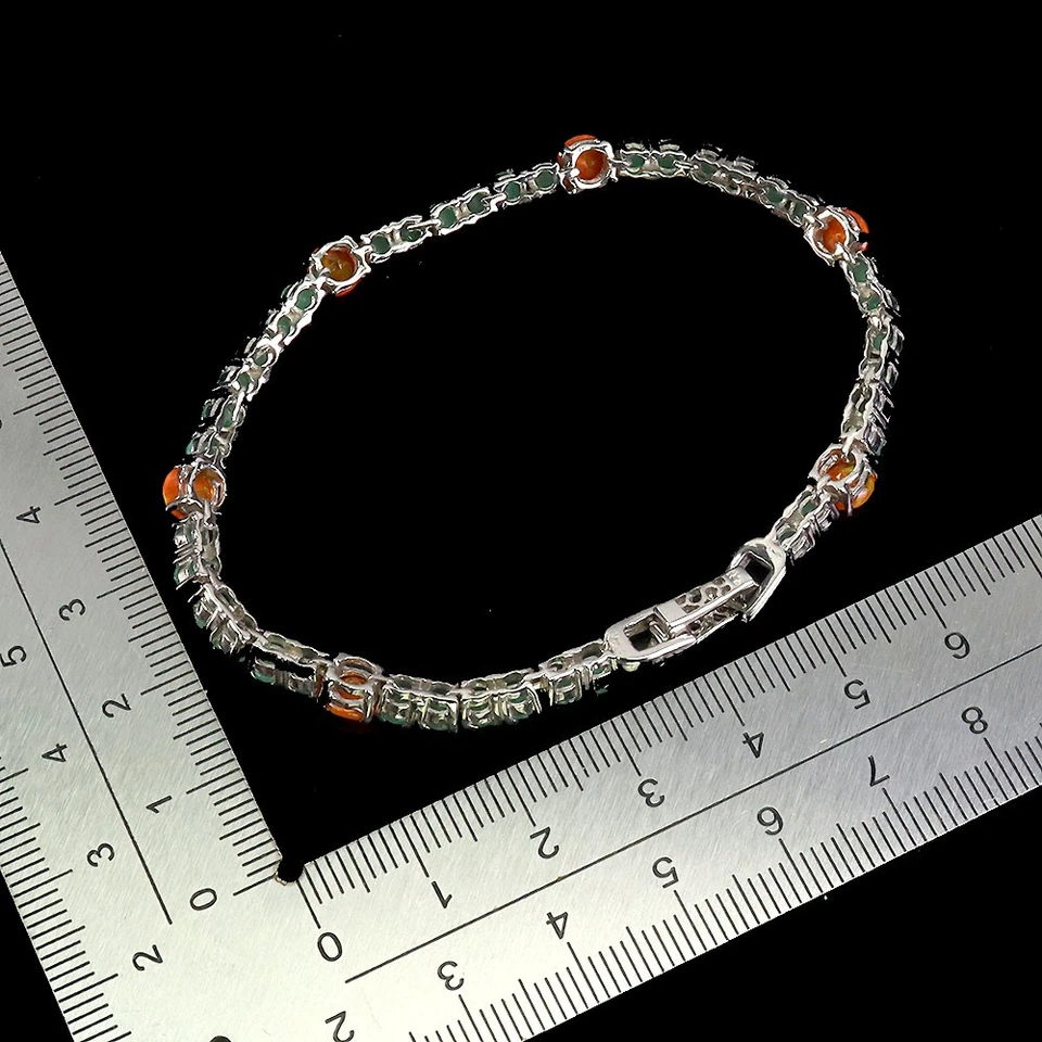 Pulsera de plata de ley 925 redonda naranja ópalo esmeralda piedras preciosas joyería 7,5 pulgadas Foto 3 de 4