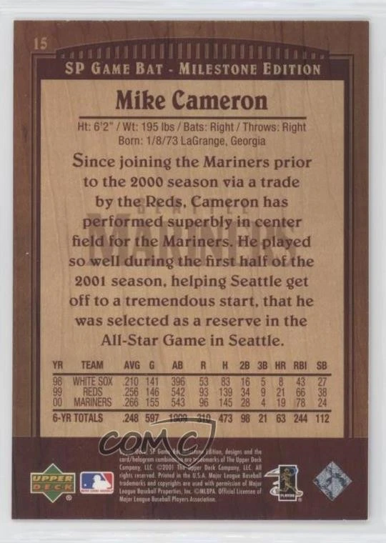 2001 SP Game Bat Milestone Edition Mike Cameron #15 - Image 2 of 2