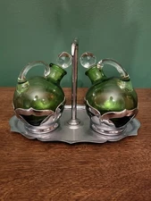 Farber Bros Cambridge Green Glass Farberware Chrome Oil Vinegar Cruet Set VTG
