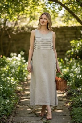 Erika Collection Linen Blend Sleeveless Midi Dress Beige Button Detail Size M