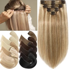 Double Wefted Clip In Highlight Human Hair Extensions 100% Remy Thick Full Head