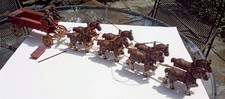 CLYDESDALE HORSE DRAWN CAST IRON  BUD BEER WAGON WITH 2MEN AND A DOG VINTAGE