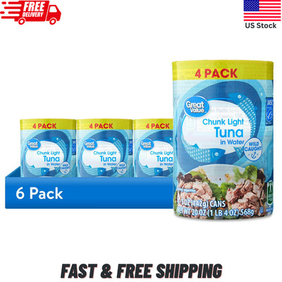 (24 Cans) Great Value Chunk Light Tuna in Water - 6 Packs of 4 - 5 oz Cans - NEW