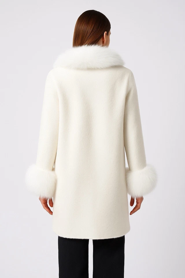 Joseph Ribkoff Feather Yarn and Faux Fur Sweater Coat 243923F25 Winter White M - Image 2 of 3