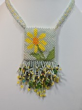 Amulet Medicine Pouch Bag Seed Bead Fringe Charms Yellow Flower Hand Made