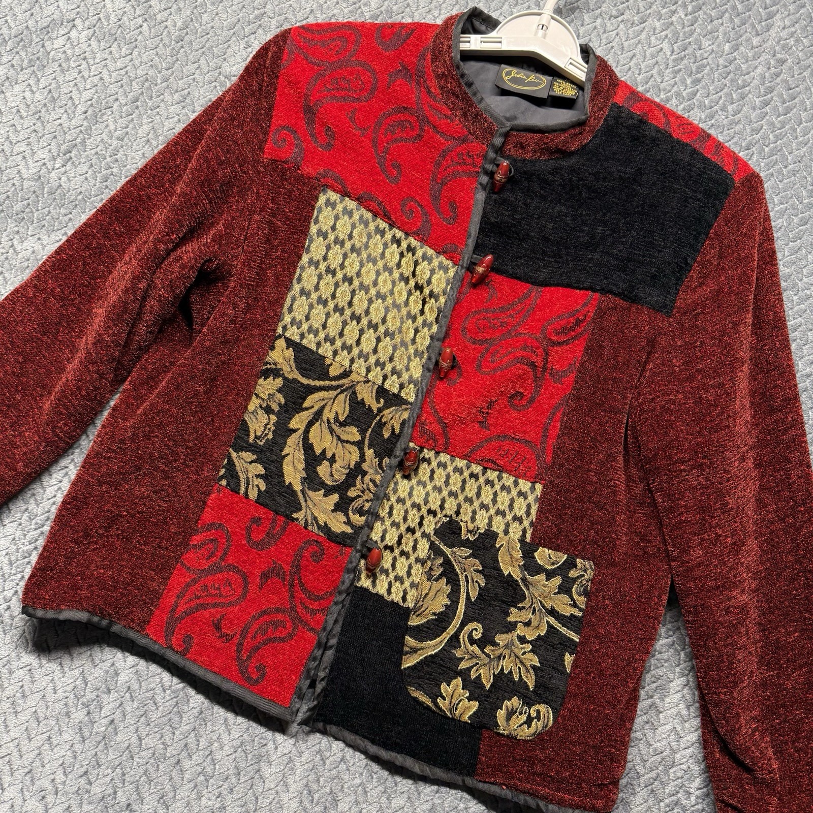 Julia Kim Patchwork Chenille Jacket M Red Tapestr… - image 1