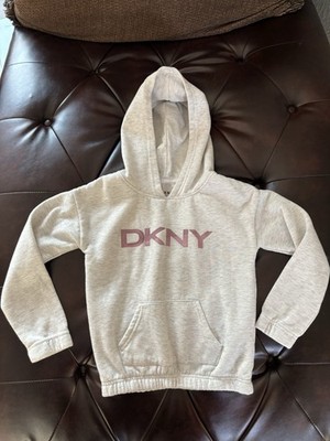 DKNY Kids Hoodie Size 7 Long Sleeve Pullover Sweatshirt Gray Logo Pockets EUC