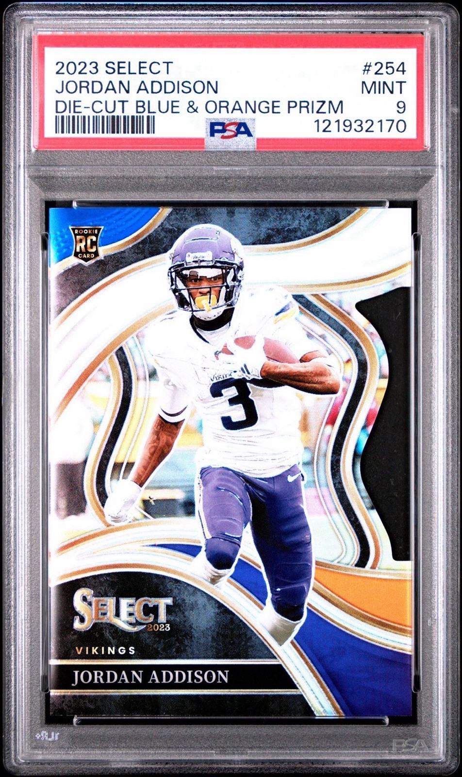 Jordan Addison 2023 panini select club level Blue & Orange Die Cut  /35 PSA 9