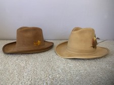 Vintage United Hatters Cap Millinery Wkrs Hats Tan Brown Leather Fedora USA