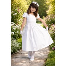 NEW Girls First Holy Communion Dress Size 7 -Cotton Smocked Waistband Tea-Length