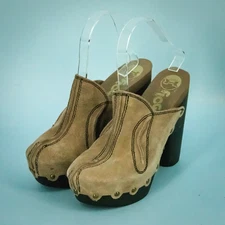 Flogg Size 8 Diana Suede Leather Tan Beige Slip On Boho Comfort High Heel Clogs