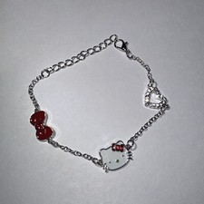 HELLO KITTY Red bow Heart Silver Tone Charm Bracelet Friendship Bracelet