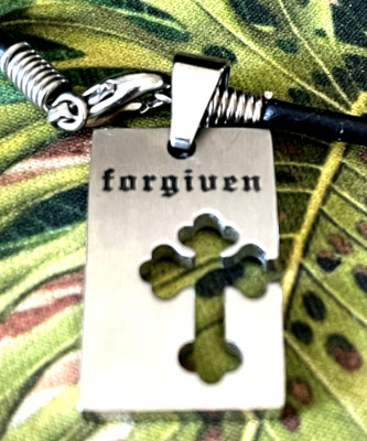 Forgiven Silver Metal Finish Pendant Black Cord Necklace