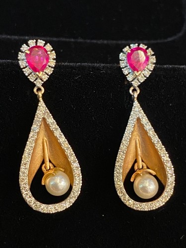 Pave 2.92 Cts Round Brilliant Cut Diamonds Ruby Pearl Dangle Earrings 14K Gold - Picture 5 of 12