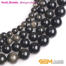 2mm Big Hole Natural Round Golden Black Obsidian Stone Beads Jewelry Making 15''