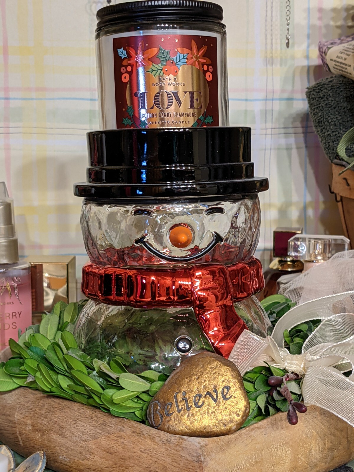 Bath & Body Works Holiday Snowman Clear Glass Single Wick Candle Holder