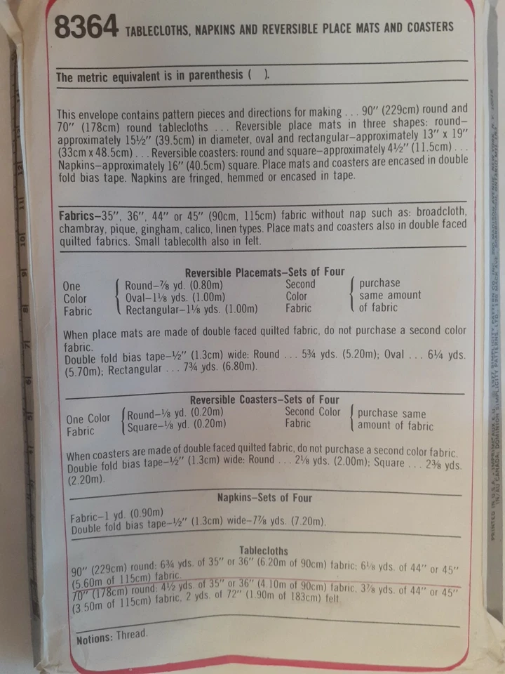 Simplicity 8364 Tablecloth Napkins Place Mat Coasters Sewing Pattern UC FF Home - Image 4 of 4