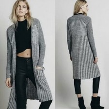 Free People Womans Sz XS Gray Ribbed Shadow Stripe Long Duster Cardigan Sweater