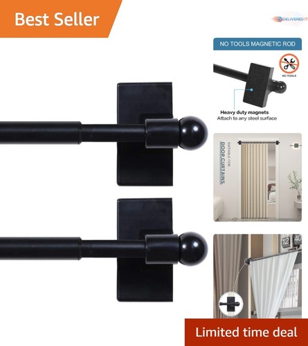 Magnetic Curtain Rods Black 16-28 Inch Adjustable Easy Install Multi-Use 2 Pack