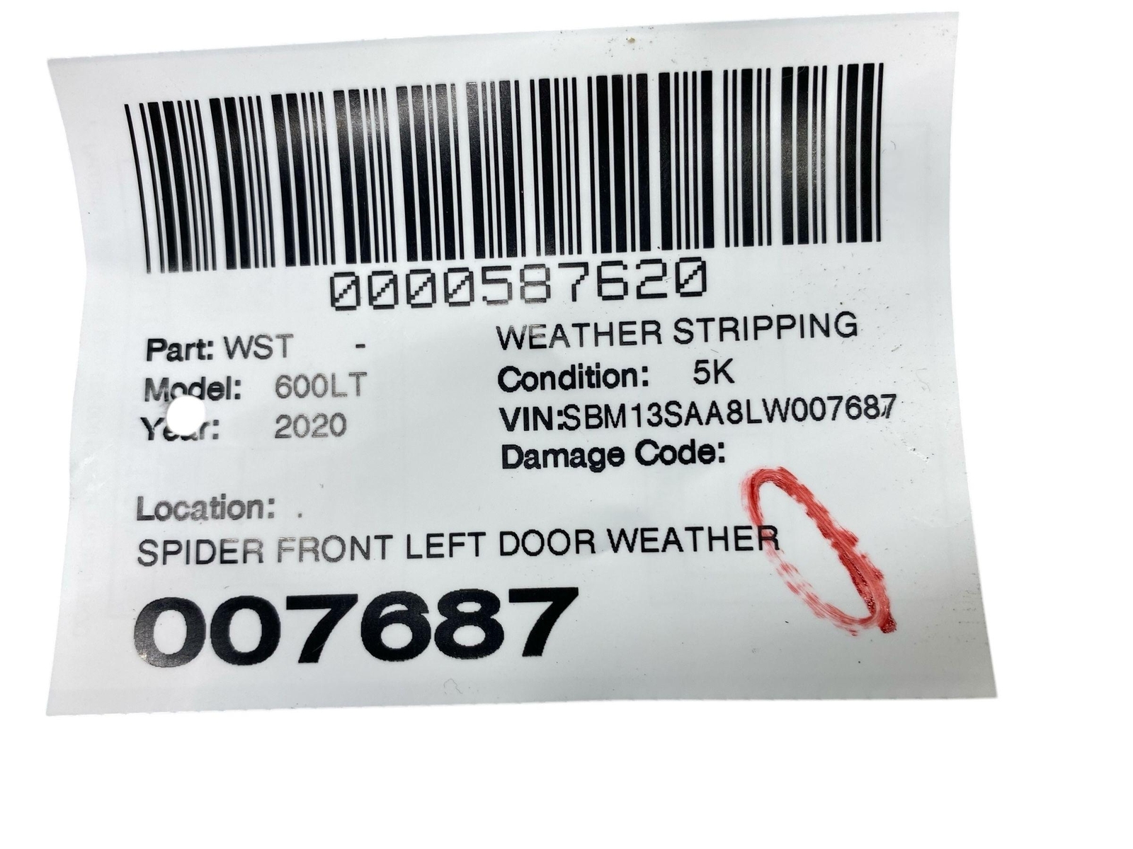 2019 2020 2021 MCLAREN 600LT SPIDER FRONT LEFT DOOR WEATHER STRIP *SMALL TEAR*