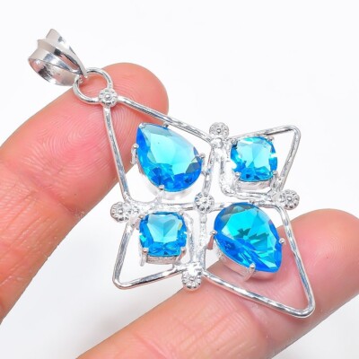 Schweizer Blautopas Edelstein 925 Sterlingsilber Schmuck Anhänger Größe 2,5 Zoll