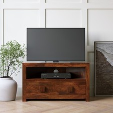 DAKOTA SOLID MANGO HONEY CORNER SMALL MEDIA/TV UNIT SHELF DRAWER INDIAN WOOD NEW