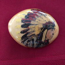 SOUTHWEST BELT BUCKLE INDIAN CHIEF HEAD VTG Feathers Wooden Handmade Lacquered