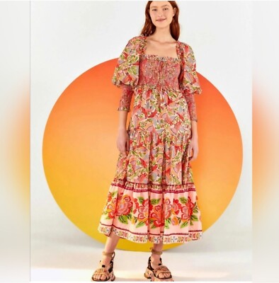 knee length dresses for ladies Farm Rio macaw flight smocked maxi dress off white – Evoluxxy