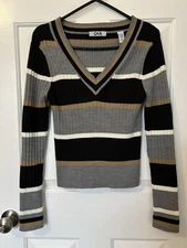 VTG 90s Y2K Q&A Cotton Gray V-Neck Striped Accents Sweater L Juniors