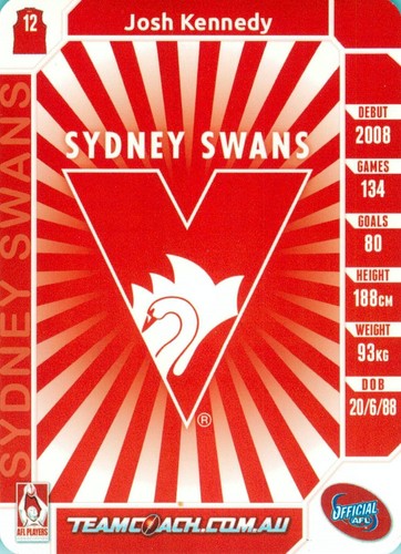 2015 Sydney Swans AFL TeamCoach Card - Josh Kennedy - Picture 2 of 3