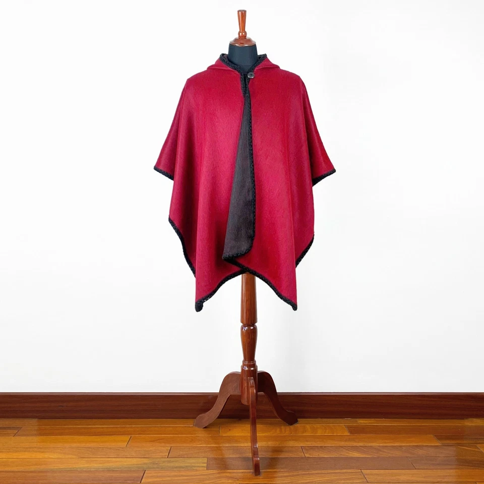 LIGHTWEIGHT BABY ALPACA WOOL HOODED OPEN PONCHO CAPE WRAP UNISEX HANDMADE RED - Image 2 of 4