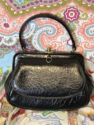 Vintage, Meyers 1950s Black Croc Embossed Gold Hardware Made in USA Mid-Century