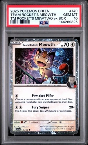 PSA 10 2025 POKEMON TEAM ROCKET'S MEOWTH COSMOS HOLO PROMO DESTINED RIVALS #149