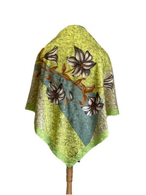 AS9# Vintage ANNE DE SEVIL Paris Silk Scarf Lily Floral Jacquard Lime Green Gray