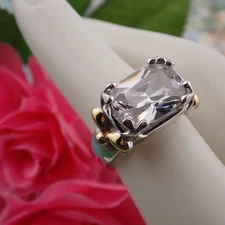 VTG PD Premier Designs Open Back Clear Crystal Silver Gold Tone Size 6.75 Ring