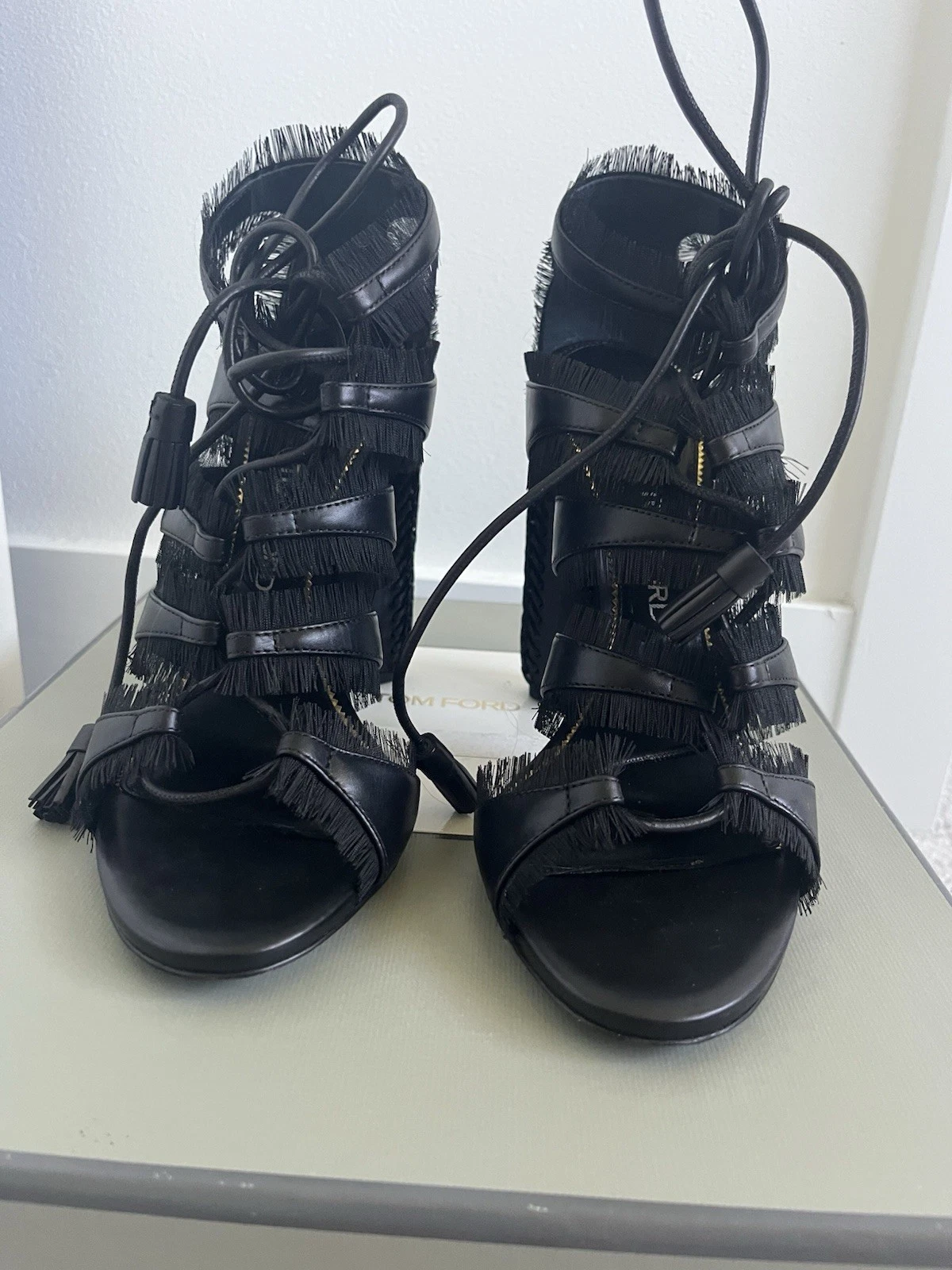 Tom Ford — Tom Ford leather black block heel sandals with fringe size 39,5