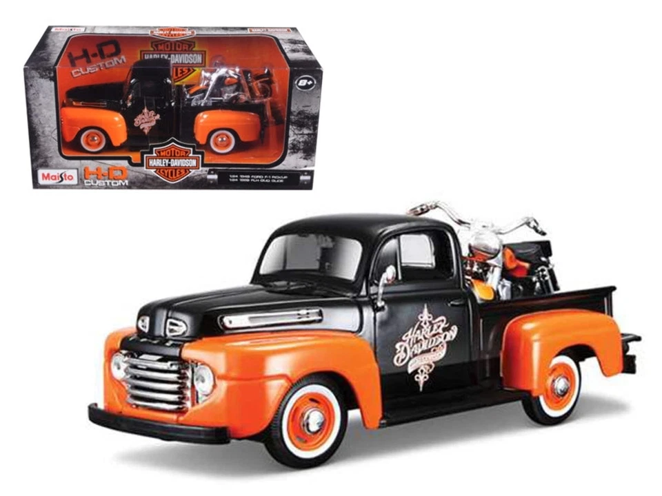 Ford F-1 1948 camioneta pickup naranja/negro con 1958 FLH Duo Glide Harley Davidson Foto 2 de 2