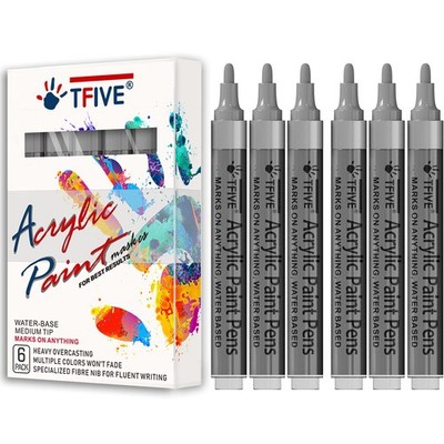 TFIVE Silver Acrylic Paint Marker Pens - 6 Pack 1 Count (Pack of 6), 