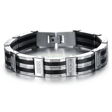 8.2" Black Silicone Silver Tone Link Cross Men's Stainless Steel Bangle Bracelet