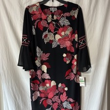 NEW JM Collection Womens Dress Size PL Floral Black Re White Sheer Bell Sleeve