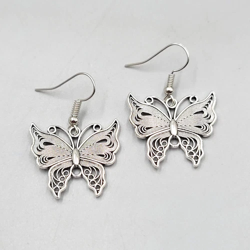 Filigree Butterfly Pierced Earrings Silver tone Dangle 1"