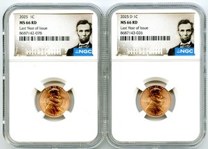 2025 P D LINCOLN SHIELD CENT NGC MS66 2-COIN PENNY SET LAST YEAR ISSUE PEDIGREE