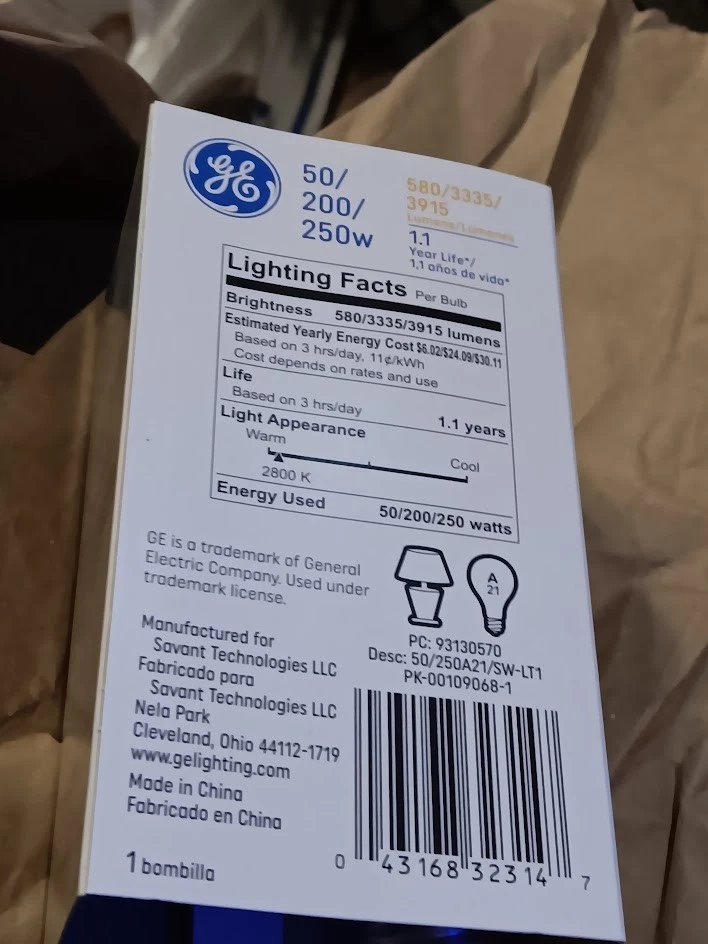 GE/Old Style - 3 Way Bulb - 50 200 250 w - A21 - Medium Base - 1 Count - Image 4 of 4